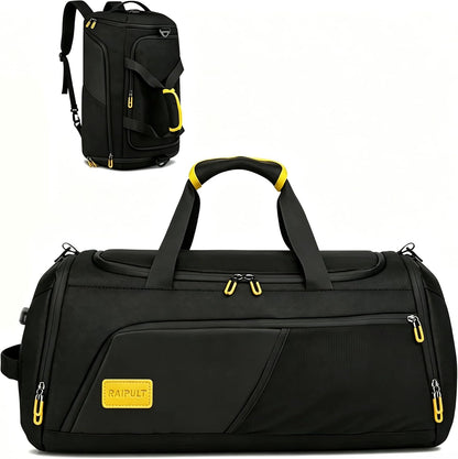 Raipult Gym Duffle Bag for Men Women, Travel Duffel Bag Backpack with Shoe Compartment & Wet Pocket, 50L Waterproof Sports Overnight Weekender Bag with USB Port, Black