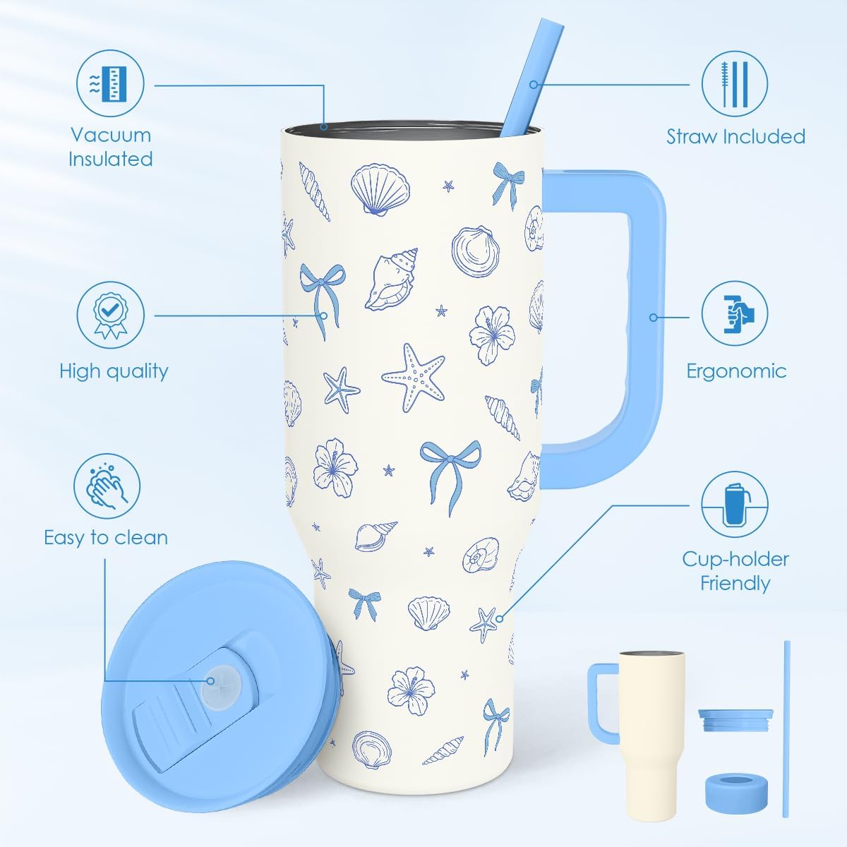 Lemon 40oz Tumbler with Handle and Straw, Insulated Stainless Steel Travel Coffee Mug for Women Girls, Gift Idea for Birthday Christmas Mothers Day Summer Vacation