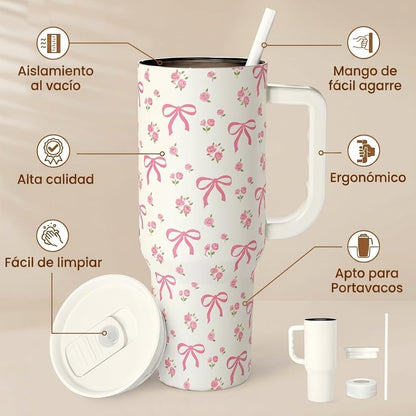 Lemon 40oz Tumbler with Handle and Straw, Insulated Stainless Steel Travel Coffee Mug for Women Girls, Gift Idea for Birthday Christmas Mothers Day Summer Vacation