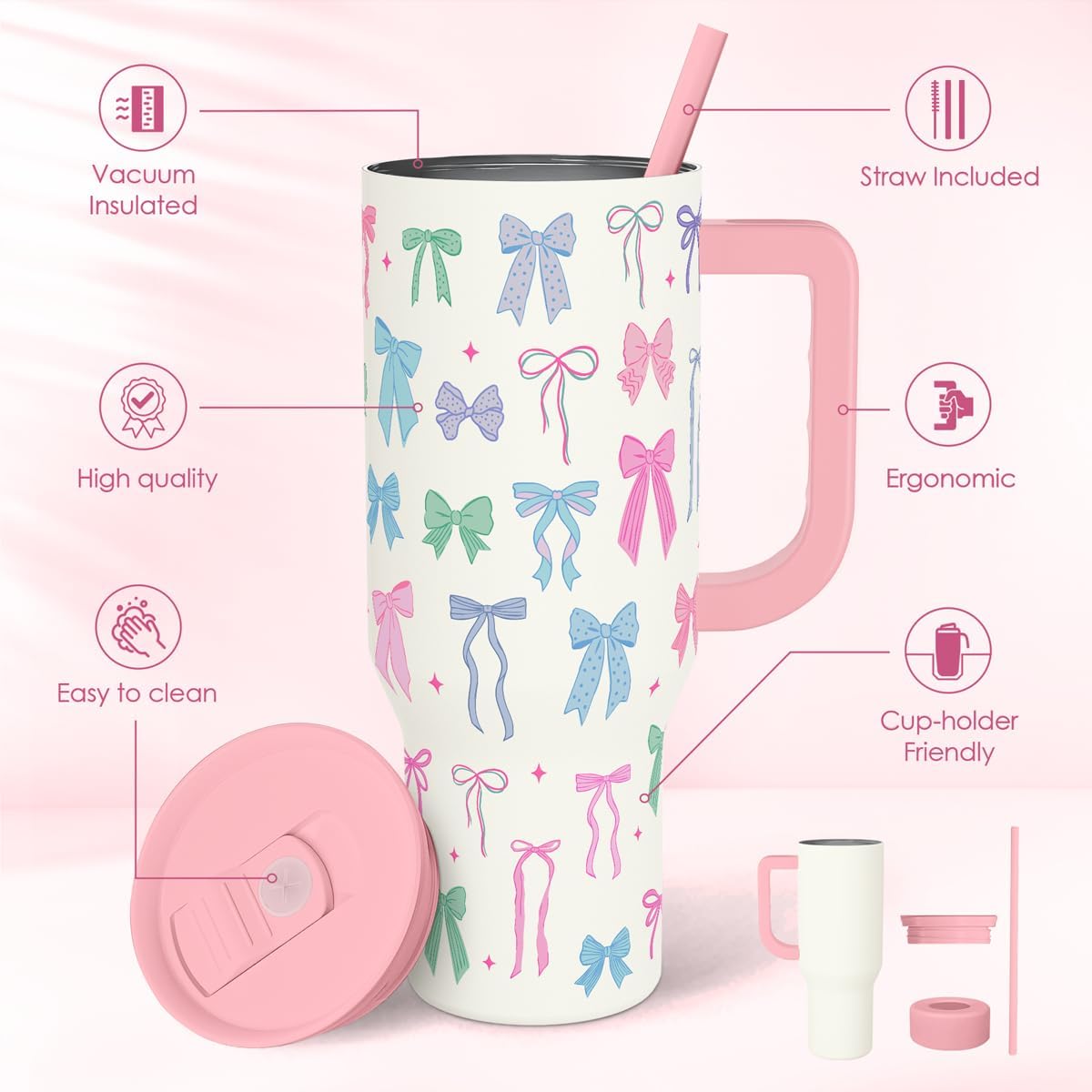 Lemon 40oz Tumbler with Handle and Straw, Insulated Stainless Steel Travel Coffee Mug for Women Girls, Gift Idea for Birthday Christmas Mothers Day Summer Vacation