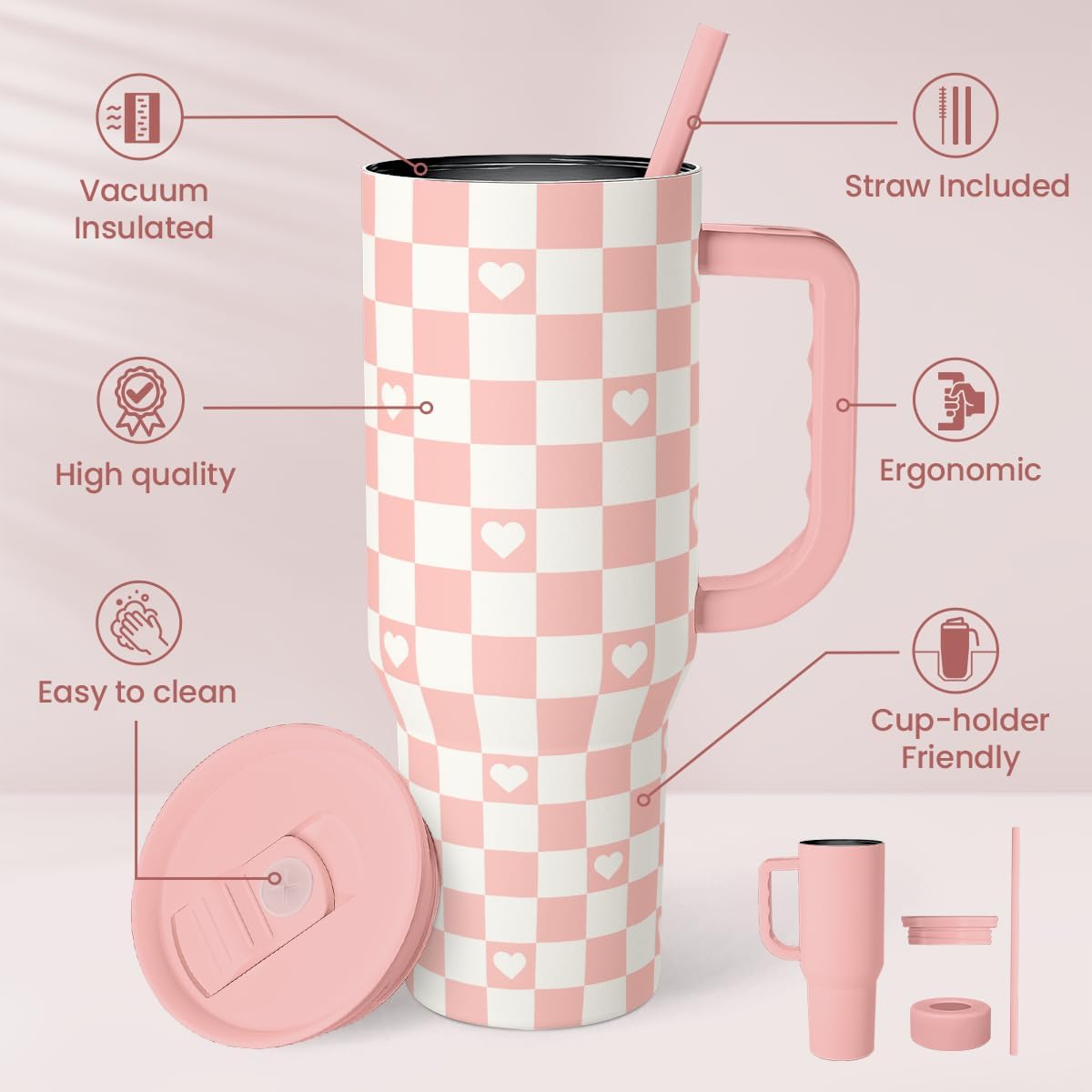 Lemon 40oz Tumbler with Handle and Straw, Insulated Stainless Steel Travel Coffee Mug for Women Girls, Gift Idea for Birthday Christmas Mothers Day Summer Vacation