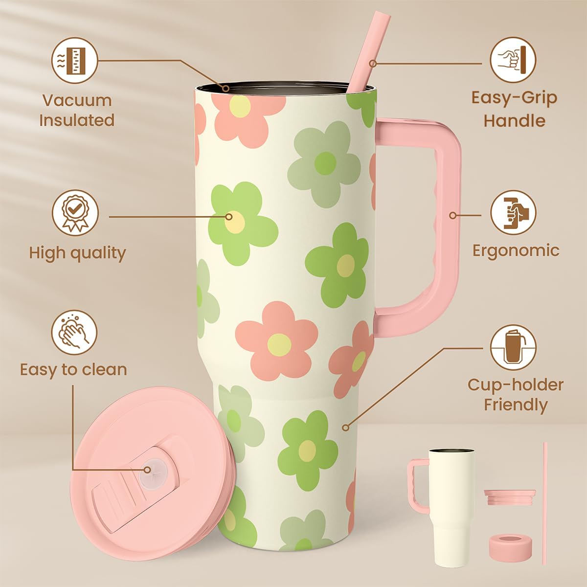 Lemon 40oz Tumbler with Handle and Straw, Insulated Stainless Steel Travel Coffee Mug for Women Girls, Gift Idea for Birthday Christmas Mothers Day Summer Vacation