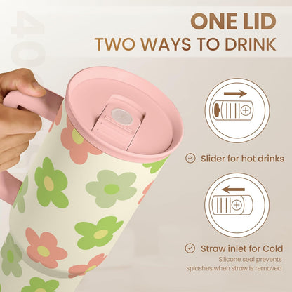 Lemon 40oz Tumbler with Handle and Straw, Insulated Stainless Steel Travel Coffee Mug for Women Girls, Gift Idea for Birthday Christmas Mothers Day Summer Vacation