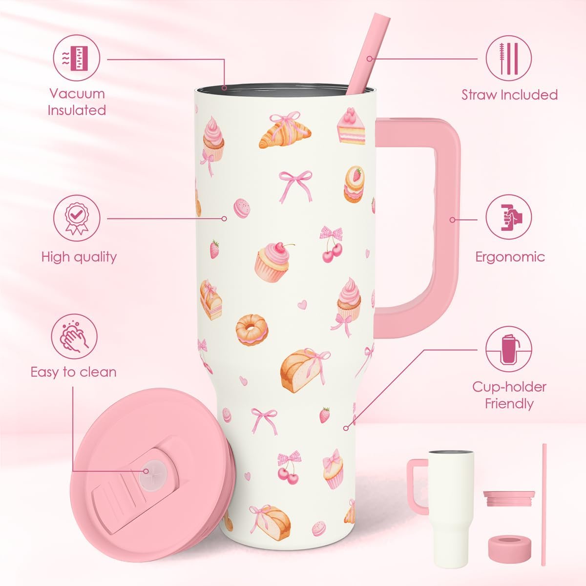 Lemon 40oz Tumbler with Handle and Straw, Insulated Stainless Steel Travel Coffee Mug for Women Girls, Gift Idea for Birthday Christmas Mothers Day Summer Vacation