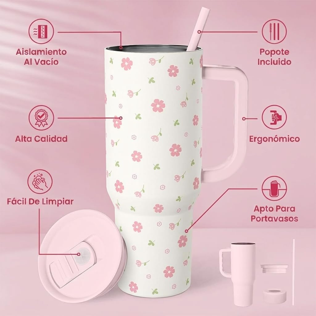 Lemon 40oz Tumbler with Handle and Straw, Insulated Stainless Steel Travel Coffee Mug for Women Girls, Gift Idea for Birthday Christmas Mothers Day Summer Vacation