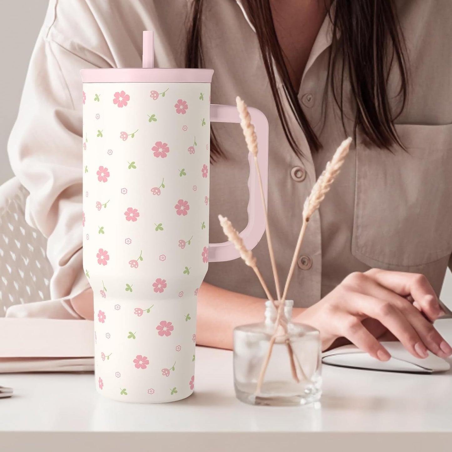 Lemon 40oz Tumbler with Handle and Straw, Insulated Stainless Steel Travel Coffee Mug for Women Girls, Gift Idea for Birthday Christmas Mothers Day Summer Vacation