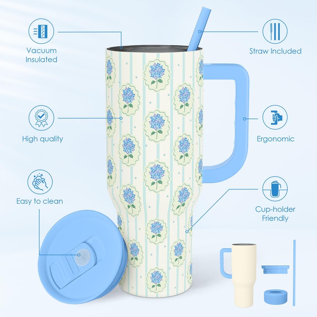 Lemon 40oz Tumbler with Handle and Straw, Insulated Stainless Steel Travel Coffee Mug for Women Girls, Gift Idea for Birthday Christmas Mothers Day Summer Vacation