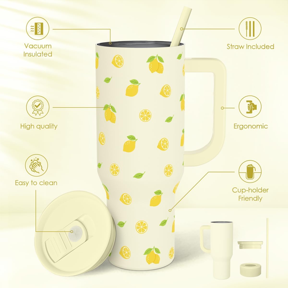 Lemon 40oz Tumbler with Handle and Straw, Insulated Stainless Steel Travel Coffee Mug for Women Girls, Gift Idea for Birthday Christmas Mothers Day Summer Vacation