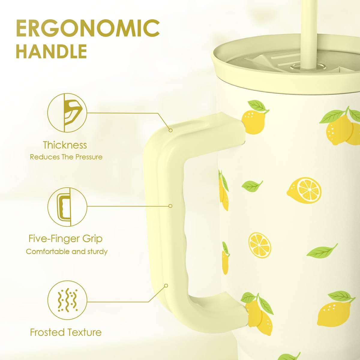 Lemon 40oz Tumbler with Handle and Straw, Insulated Stainless Steel Travel Coffee Mug for Women Girls, Gift Idea for Birthday Christmas Mothers Day Summer Vacation