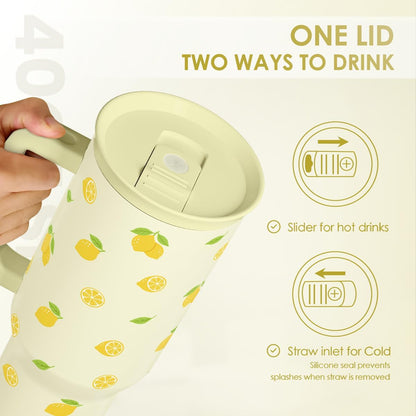 Lemon 40oz Tumbler with Handle and Straw, Insulated Stainless Steel Travel Coffee Mug for Women Girls, Gift Idea for Birthday Christmas Mothers Day Summer Vacation