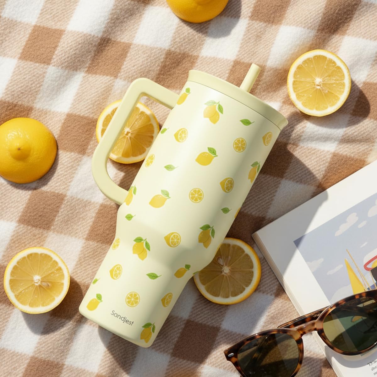 Lemon 40oz Tumbler with Handle and Straw, Insulated Stainless Steel Travel Coffee Mug for Women Girls, Gift Idea for Birthday Christmas Mothers Day Summer Vacation
