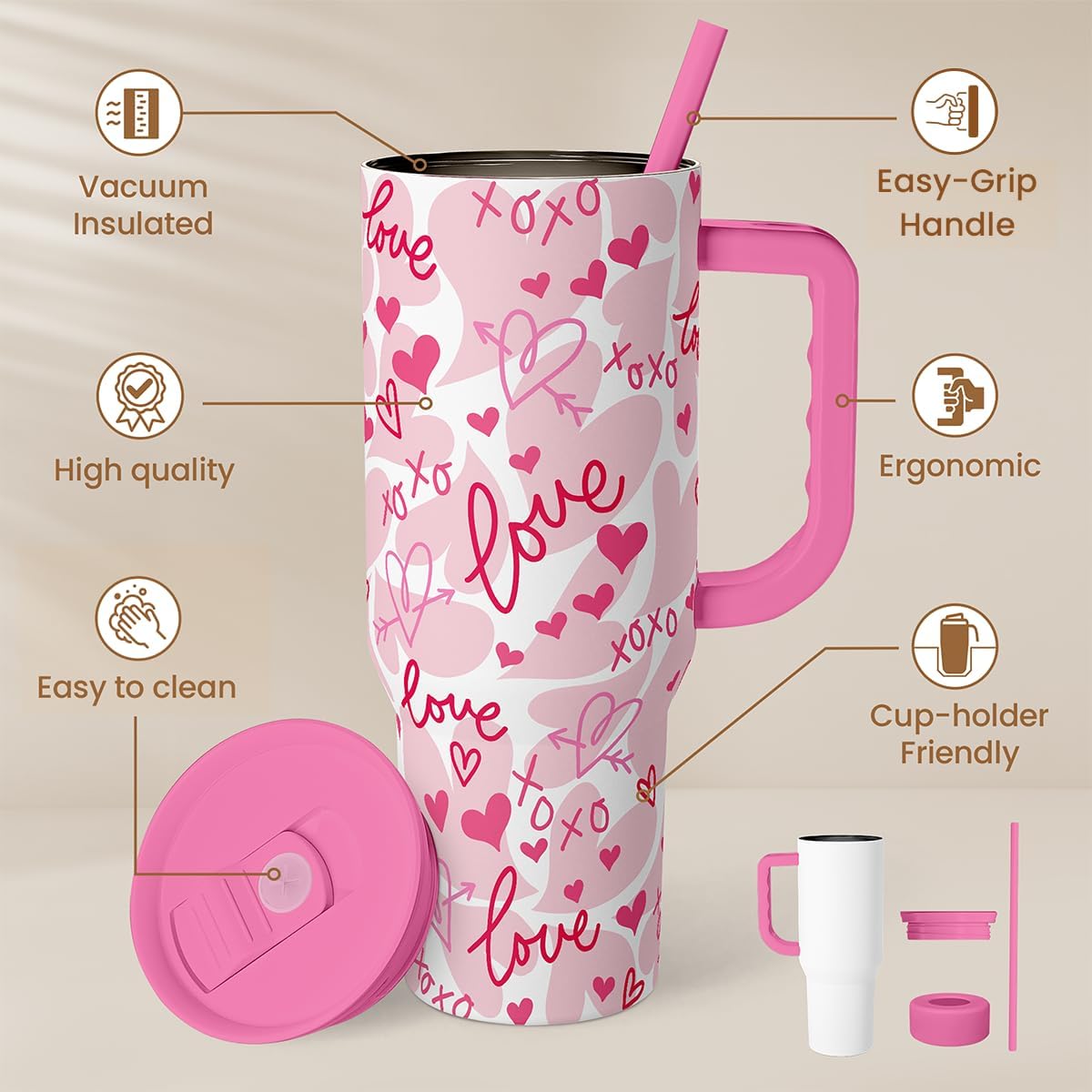 Lemon 40oz Tumbler with Handle and Straw, Insulated Stainless Steel Travel Coffee Mug for Women Girls, Gift Idea for Birthday Christmas Mothers Day Summer Vacation