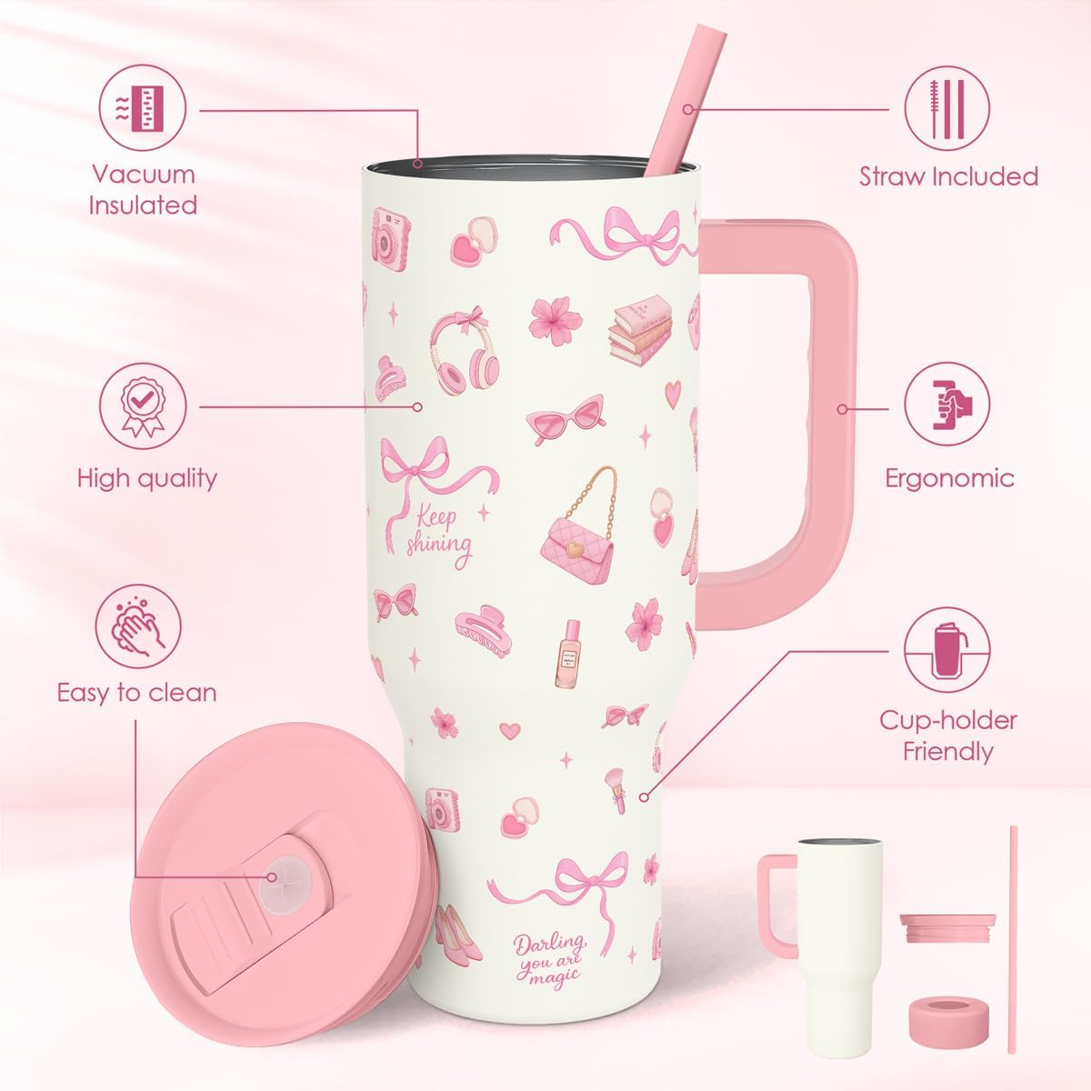 Lemon 40oz Tumbler with Handle and Straw, Insulated Stainless Steel Travel Coffee Mug for Women Girls, Gift Idea for Birthday Christmas Mothers Day Summer Vacation