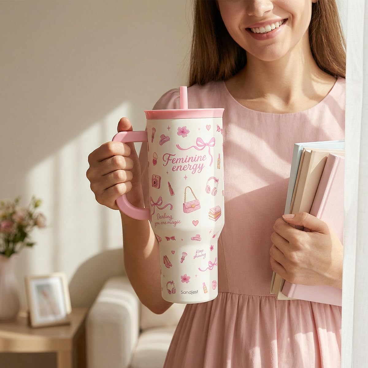 Lemon 40oz Tumbler with Handle and Straw, Insulated Stainless Steel Travel Coffee Mug for Women Girls, Gift Idea for Birthday Christmas Mothers Day Summer Vacation