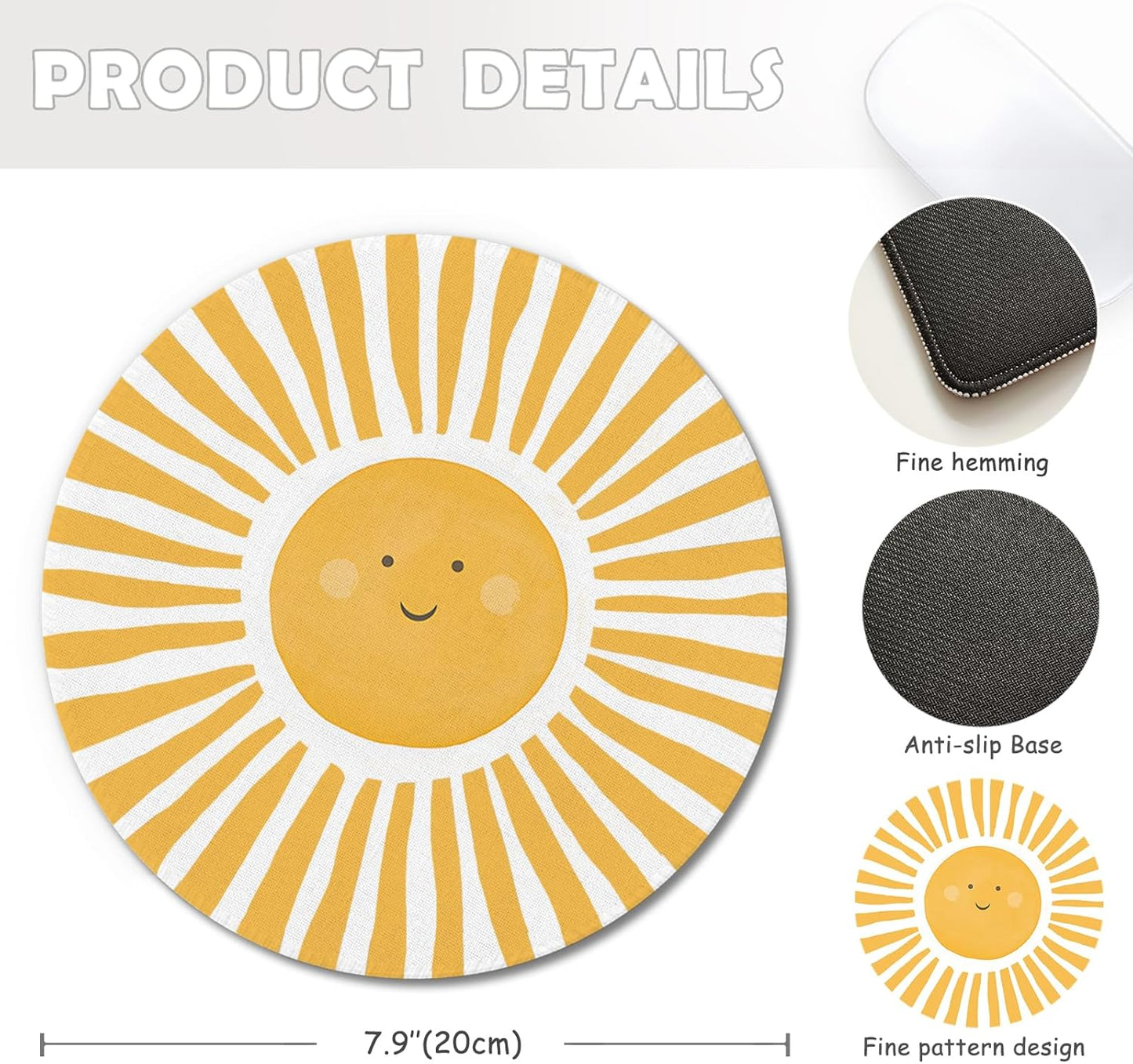 Boho Yellow Sunshine Mouse Pad, Cute Sunshine Mouse Pads Mousepad for Desk Home Office Dorm Computers Laptop, Boho Office Supplies Desk Accessories, 7.9x7.9 Inch