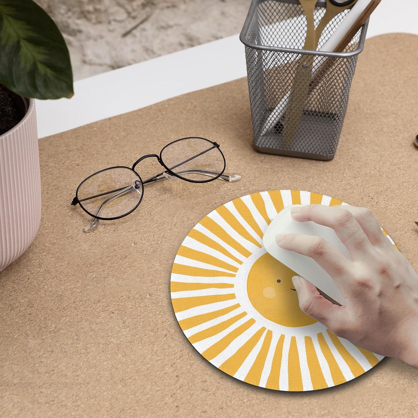 Boho Yellow Sunshine Mouse Pad, Cute Sunshine Mouse Pads Mousepad for Desk Home Office Dorm Computers Laptop, Boho Office Supplies Desk Accessories, 7.9x7.9 Inch