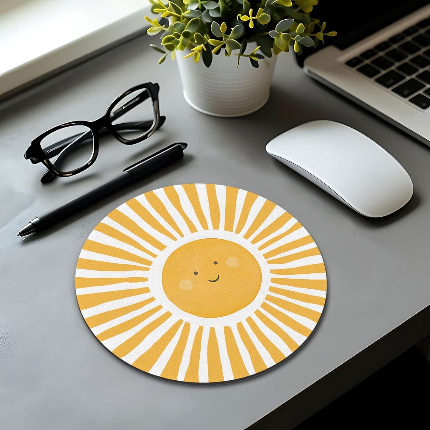 Boho Yellow Sunshine Mouse Pad, Cute Sunshine Mouse Pads Mousepad for Desk Home Office Dorm Computers Laptop, Boho Office Supplies Desk Accessories, 7.9x7.9 Inch
