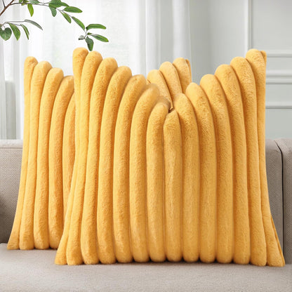 Faux Fur Decorative Throw Pillow Covers 22x22 Set of 2, Yellow | Luxury Plush Texture, Striped Design, Cozy Soft Touch, Modern Home Accent Decor for Couch, Sofa, Bed, Living Room