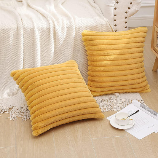 Faux Fur Decorative Throw Pillow Covers 22x22 Set of 2, Yellow | Luxury Plush Texture, Striped Design, Cozy Soft Touch, Modern Home Accent Decor for Couch, Sofa, Bed, Living Room