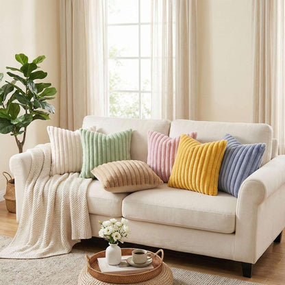 Faux Fur Decorative Throw Pillow Covers 22x22 Set of 2, Yellow | Luxury Plush Texture, Striped Design, Cozy Soft Touch, Modern Home Accent Decor for Couch, Sofa, Bed, Living Room