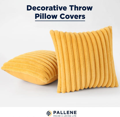 Faux Fur Decorative Throw Pillow Covers 22x22 Set of 2, Yellow | Luxury Plush Texture, Striped Design, Cozy Soft Touch, Modern Home Accent Decor for Couch, Sofa, Bed, Living Room