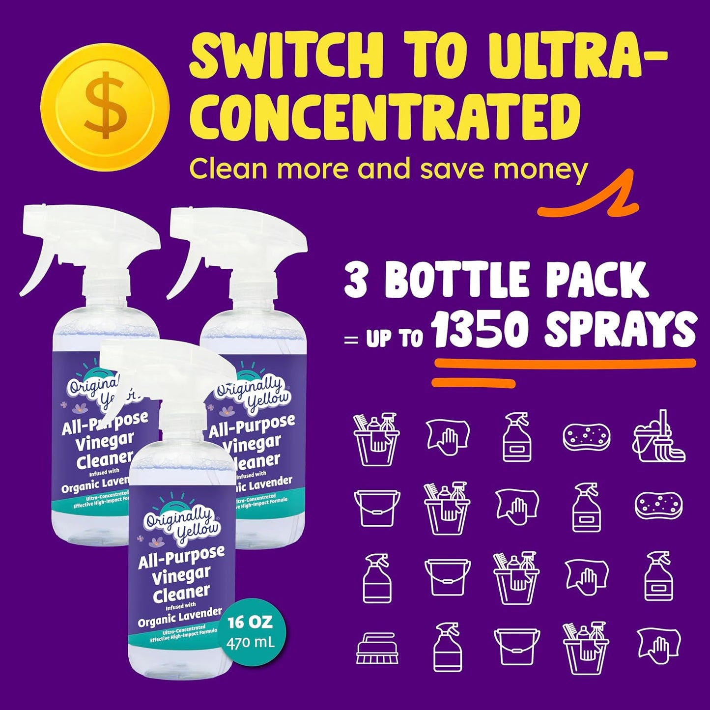 Lemon Vinegar All Purpose Cleaning Spray | Distilled Cleaning Vinegar | Plant-Derived All Purpose Cleaner | Living Room, Bathroom, & Kitchen | 3 Pack