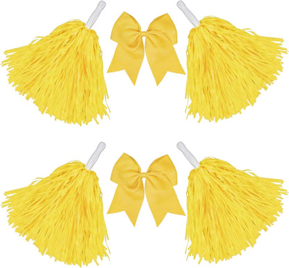 Cheerleading Pom Poms with Hair Bows 6 Piece Set, 4 Pieces Cheer Pom Poms and 2 Large 8 Inch Bows, Spirit Accessories for Girls Dance Party Costume Sports