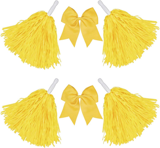 Cheerleading Pom Poms with Hair Bows 6 Piece Set, 4 Pieces Cheer Pom Poms and 2 Large 8 Inch Bows, Spirit Accessories for Girls Dance Party Costume Sports
