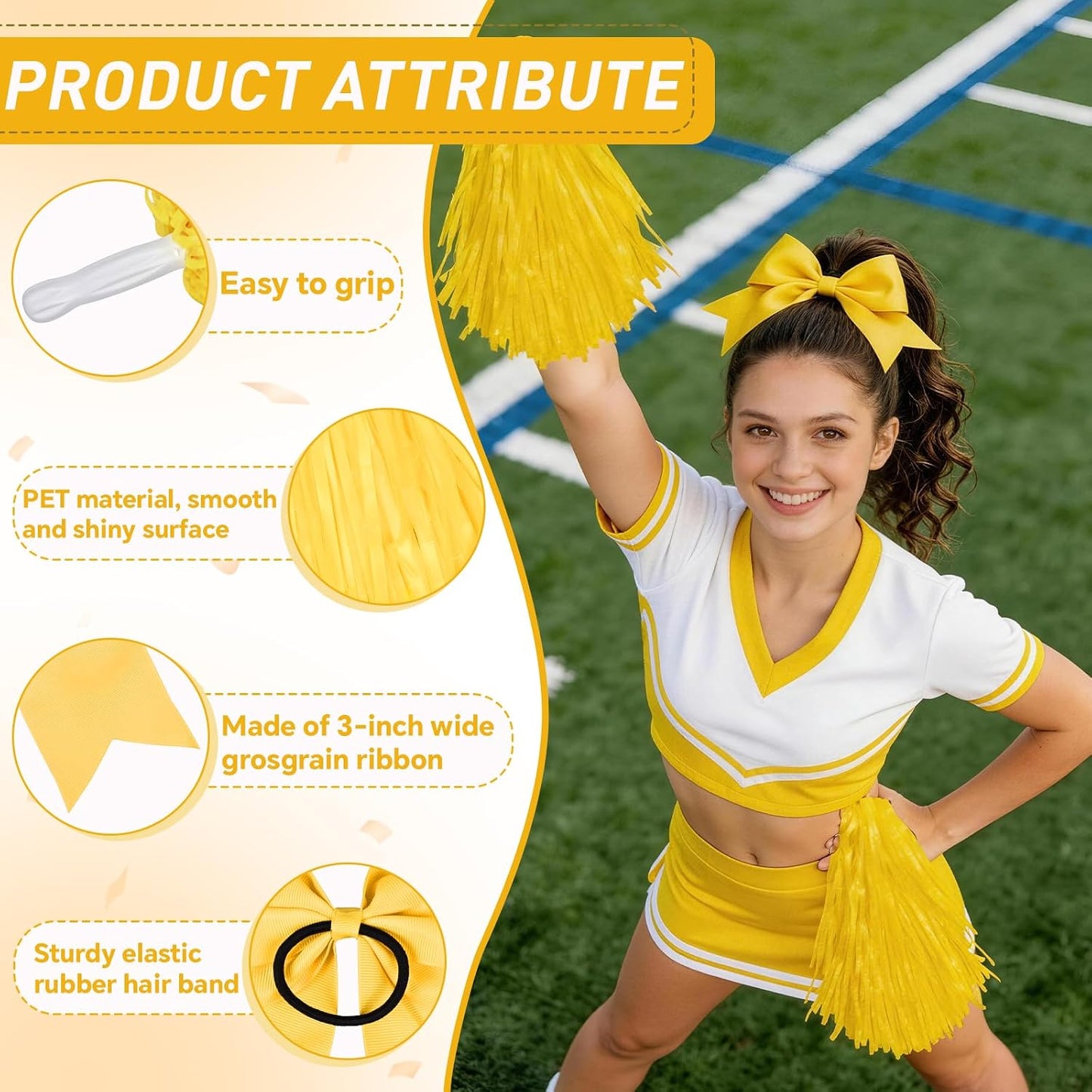 Cheerleading Pom Poms with Hair Bows 6 Piece Set, 4 Pieces Cheer Pom Poms and 2 Large 8 Inch Bows, Spirit Accessories for Girls Dance Party Costume Sports