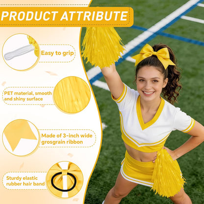 Cheerleading Pom Poms with Hair Bows 6 Piece Set, 4 Pieces Cheer Pom Poms and 2 Large 8 Inch Bows, Spirit Accessories for Girls Dance Party Costume Sports