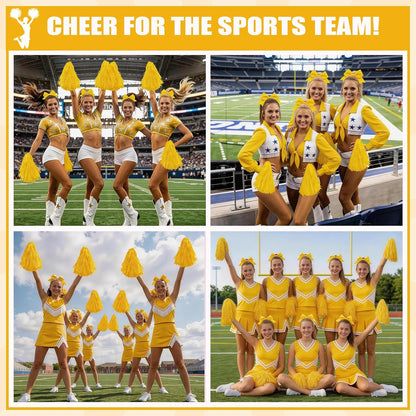 Cheerleading Pom Poms with Hair Bows 6 Piece Set, 4 Pieces Cheer Pom Poms and 2 Large 8 Inch Bows, Spirit Accessories for Girls Dance Party Costume Sports