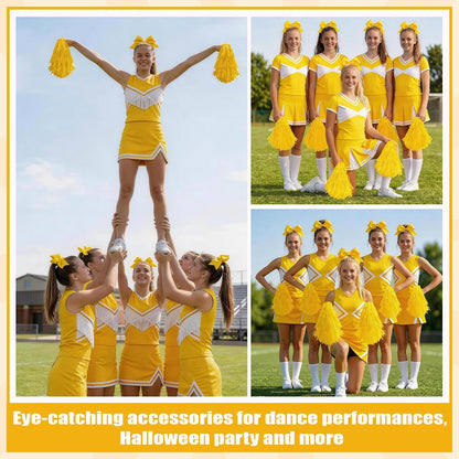 Cheerleading Pom Poms with Hair Bows 6 Piece Set, 4 Pieces Cheer Pom Poms and 2 Large 8 Inch Bows, Spirit Accessories for Girls Dance Party Costume Sports