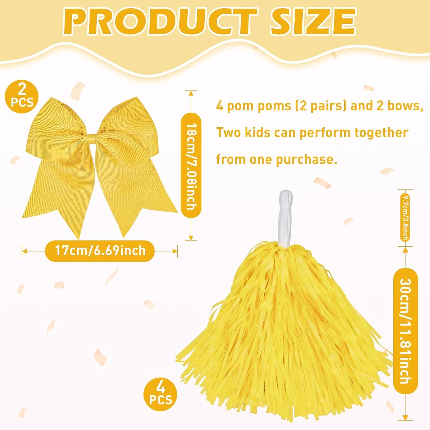 Cheerleading Pom Poms with Hair Bows 6 Piece Set, 4 Pieces Cheer Pom Poms and 2 Large 8 Inch Bows, Spirit Accessories for Girls Dance Party Costume Sports