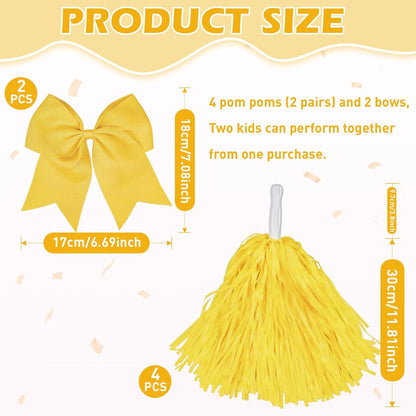 Cheerleading Pom Poms with Hair Bows 6 Piece Set, 4 Pieces Cheer Pom Poms and 2 Large 8 Inch Bows, Spirit Accessories for Girls Dance Party Costume Sports