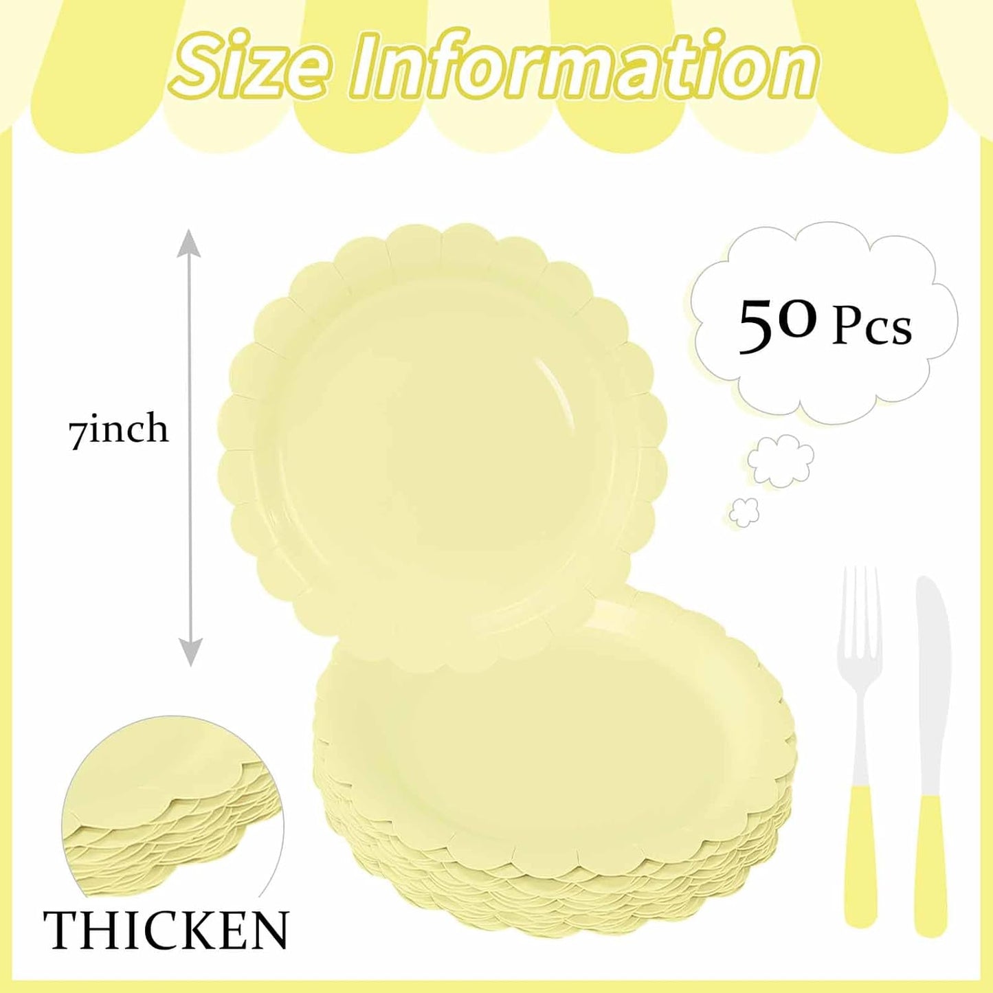 50 Pcs Yellow Scalloped Paper Plates 7 Inch Disposable Yellow Scalloped Dinner Plates for Wedding Baby Shower Birthday Party Supplies Disposable Dessert Plate