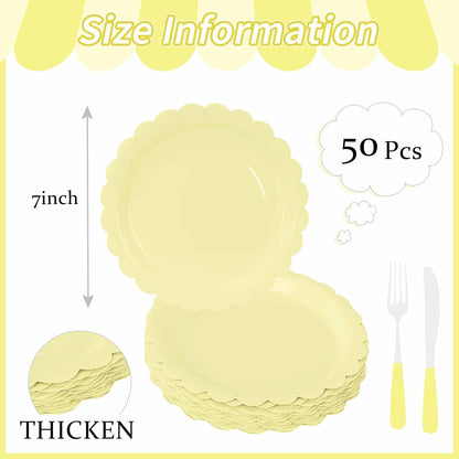 50 Pcs Yellow Scalloped Paper Plates 7 Inch Disposable Yellow Scalloped Dinner Plates for Wedding Baby Shower Birthday Party Supplies Disposable Dessert Plate