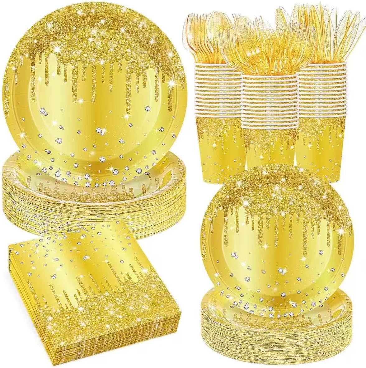 140Pcs Yellow Glitter Birthday Party Decorations Include Glitter Diamond Paper Plates, Napkins, Cups, Cutlery & Disposable Tableware for Birthday, Anniversary, Wedding (Yellow)