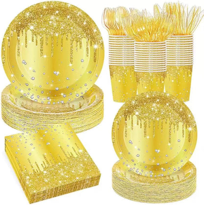 140Pcs Yellow Glitter Birthday Party Decorations Include Glitter Diamond Paper Plates, Napkins, Cups, Cutlery & Disposable Tableware for Birthday, Anniversary, Wedding (Yellow)