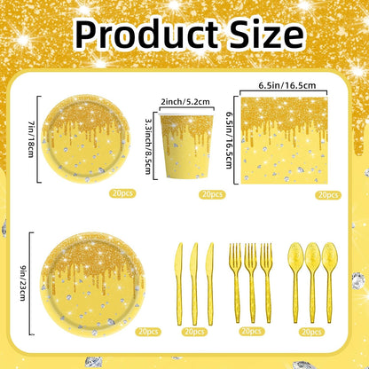 140Pcs Yellow Glitter Birthday Party Decorations Include Glitter Diamond Paper Plates, Napkins, Cups, Cutlery & Disposable Tableware for Birthday, Anniversary, Wedding (Yellow)