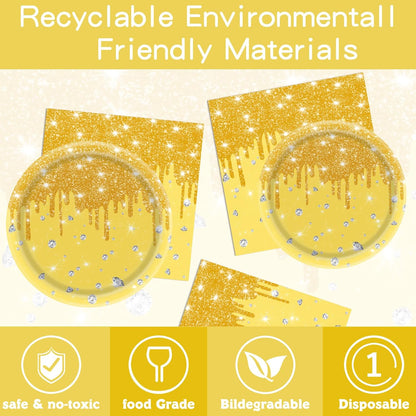140Pcs Yellow Glitter Birthday Party Decorations Include Glitter Diamond Paper Plates, Napkins, Cups, Cutlery & Disposable Tableware for Birthday, Anniversary, Wedding (Yellow)