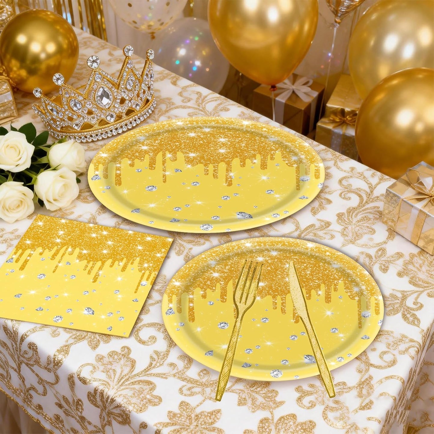 140Pcs Yellow Glitter Birthday Party Decorations Include Glitter Diamond Paper Plates, Napkins, Cups, Cutlery & Disposable Tableware for Birthday, Anniversary, Wedding (Yellow)