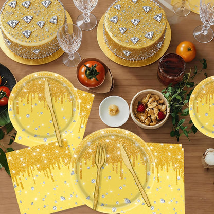 140Pcs Yellow Glitter Birthday Party Decorations Include Glitter Diamond Paper Plates, Napkins, Cups, Cutlery & Disposable Tableware for Birthday, Anniversary, Wedding (Yellow)