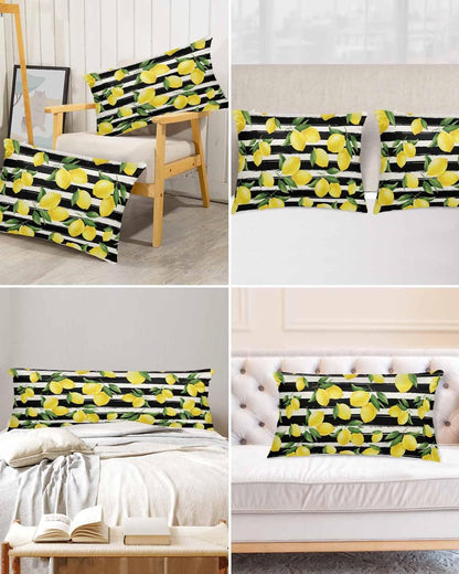Yellow Lemons Pillow Cases Standard Size Set of 2, Satin Pillowcase for Hair and Skin, Summer Citrus Fruits Leaves Black Stripes Throw Pillow Covers Cooling Pillow Protector with Zipper 20"x26"x2