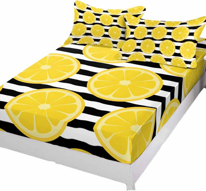 Fitted Sheet and Pillowcases Set Full Size, Yellow Lemon Soft Bed Fitted Sheets - Deep Pocket Fits Mattress Up to 16", Summer Botanical Fruits Black White Stripes Bedding Set with 2 Pillow Cases