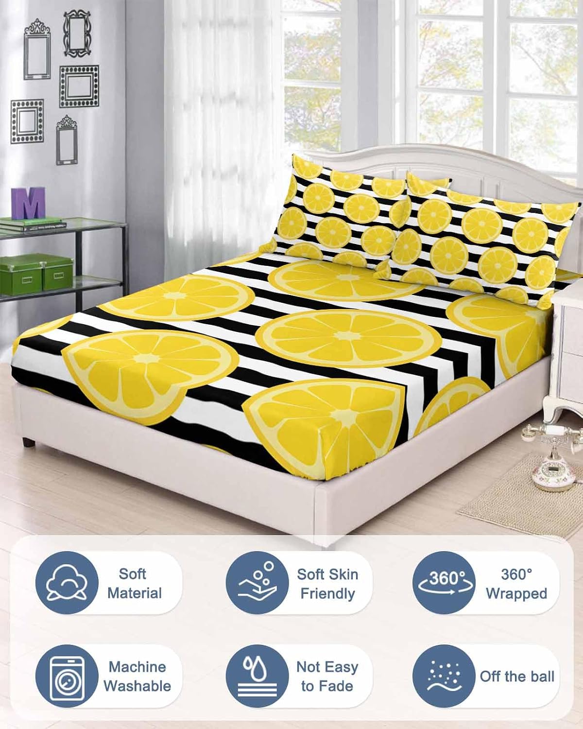 Fitted Sheet and Pillowcases Set Full Size, Yellow Lemon Soft Bed Fitted Sheets - Deep Pocket Fits Mattress Up to 16", Summer Botanical Fruits Black White Stripes Bedding Set with 2 Pillow Cases