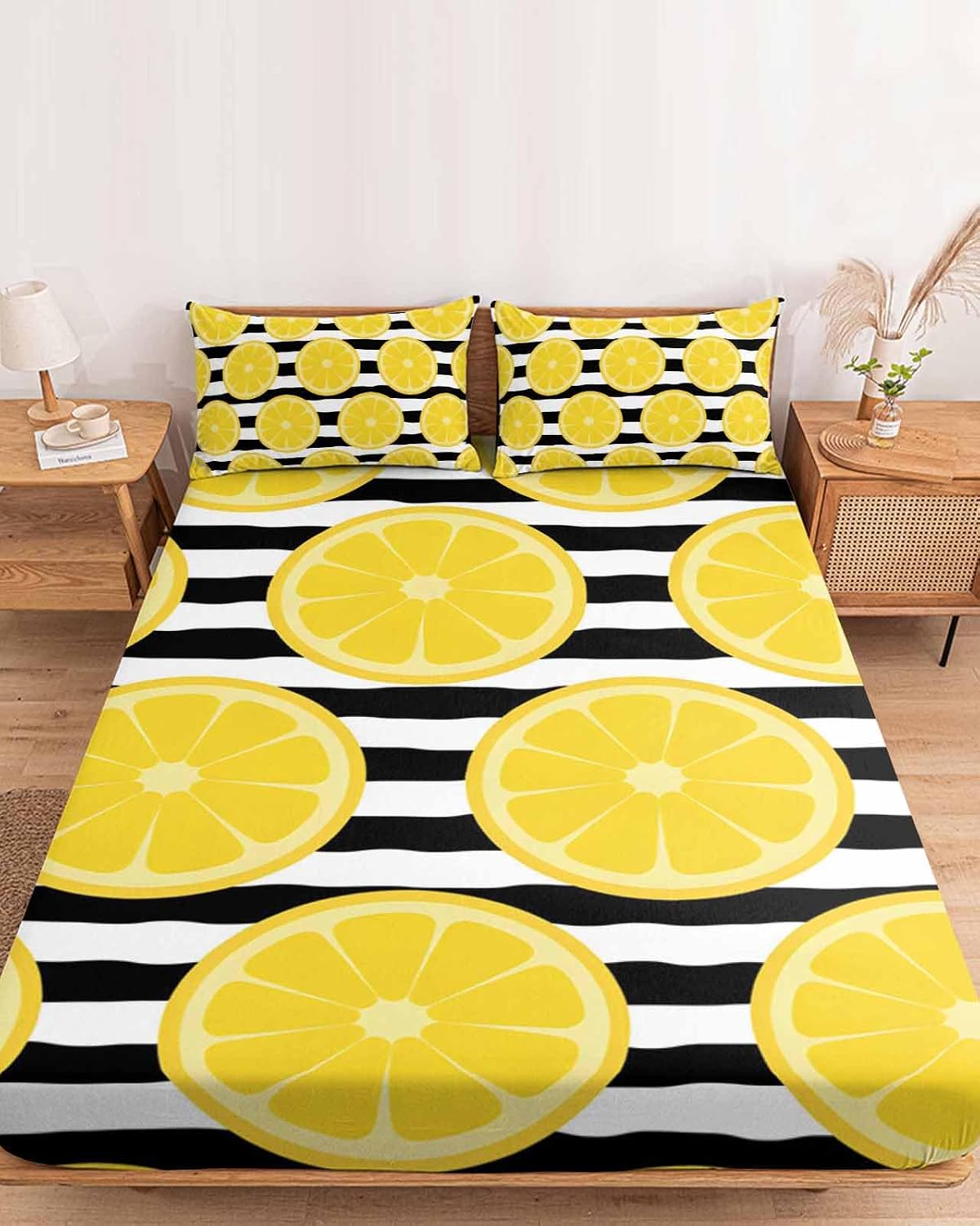 Fitted Sheet and Pillowcases Set Full Size, Yellow Lemon Soft Bed Fitted Sheets - Deep Pocket Fits Mattress Up to 16", Summer Botanical Fruits Black White Stripes Bedding Set with 2 Pillow Cases