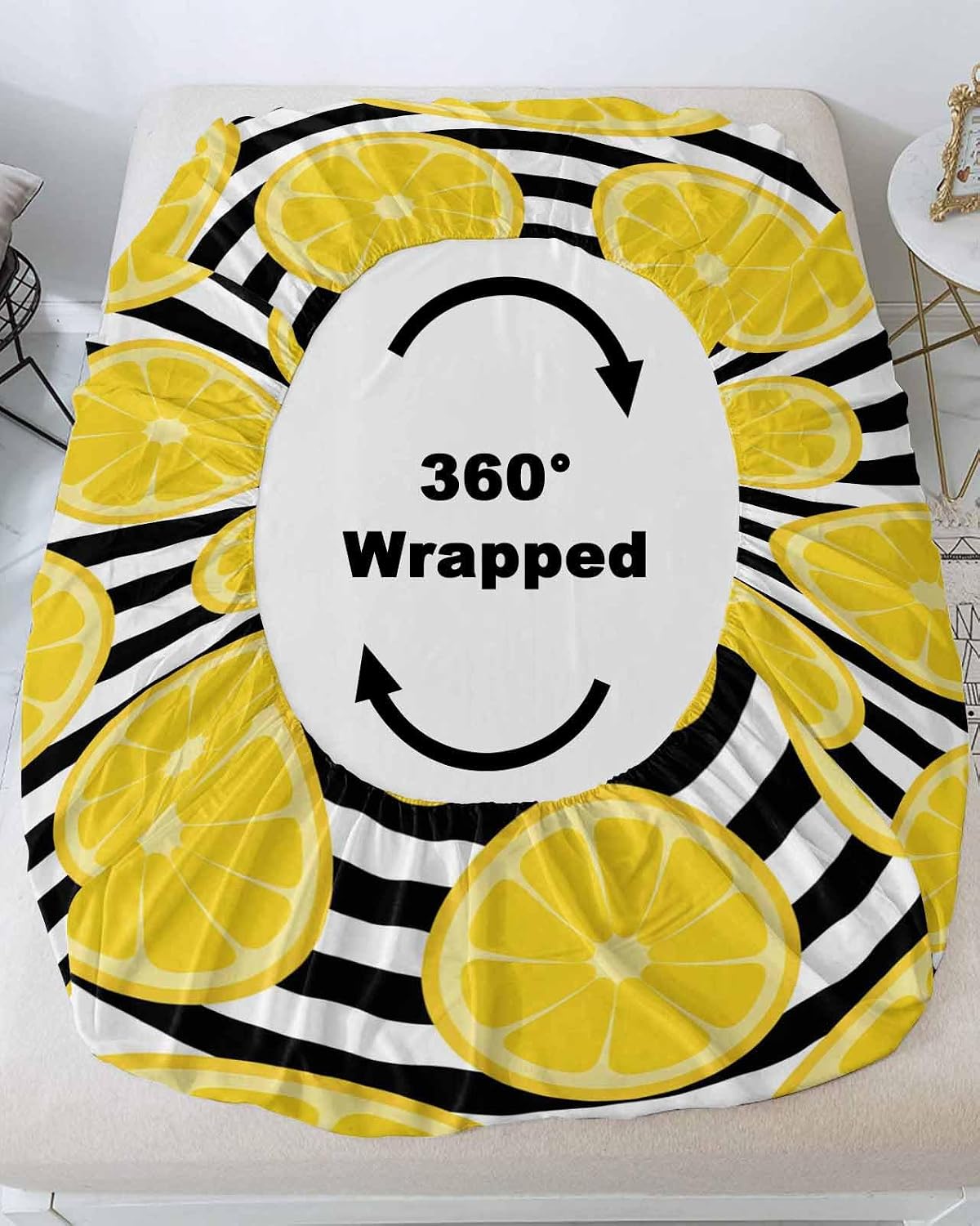 Fitted Sheet and Pillowcases Set Full Size, Yellow Lemon Soft Bed Fitted Sheets - Deep Pocket Fits Mattress Up to 16", Summer Botanical Fruits Black White Stripes Bedding Set with 2 Pillow Cases