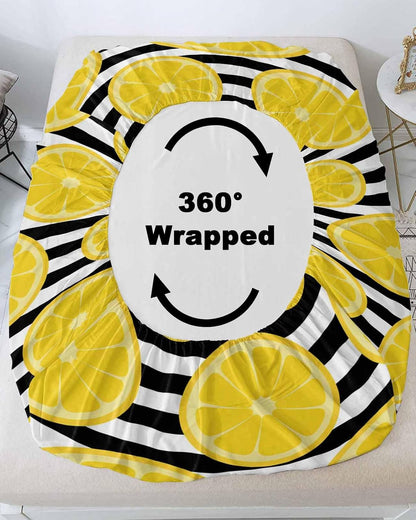 Fitted Sheet and Pillowcases Set Full Size, Yellow Lemon Soft Bed Fitted Sheets - Deep Pocket Fits Mattress Up to 16", Summer Botanical Fruits Black White Stripes Bedding Set with 2 Pillow Cases