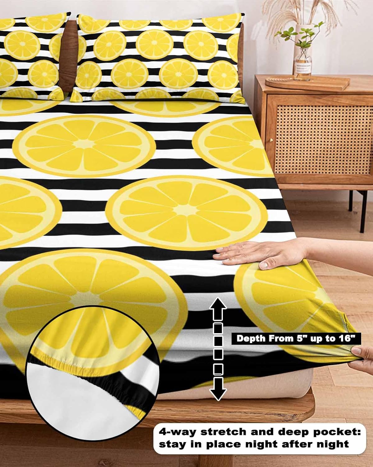 Fitted Sheet and Pillowcases Set Full Size, Yellow Lemon Soft Bed Fitted Sheets - Deep Pocket Fits Mattress Up to 16", Summer Botanical Fruits Black White Stripes Bedding Set with 2 Pillow Cases