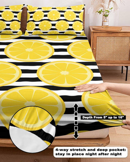 Fitted Sheet and Pillowcases Set Full Size, Yellow Lemon Soft Bed Fitted Sheets - Deep Pocket Fits Mattress Up to 16", Summer Botanical Fruits Black White Stripes Bedding Set with 2 Pillow Cases